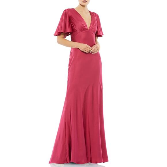 Ieena for Mac Duggal Women’s Plunging Neck Flare Sleeve Dress Raspberry Sz 12 - Picture 1 of 10